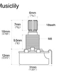 Technical diagram of a 500K Linear Taper Guitar Potentiometer with Long 18mm Shaft, Split Knurled 6mm Knob, compatible with Stratocaster and Les Paul.