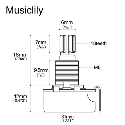 Technical diagram of a 500K Linear Taper Guitar Potentiometer with Long 18mm Shaft, Split Knurled 6mm Knob, compatible with Stratocaster and Les Paul.
