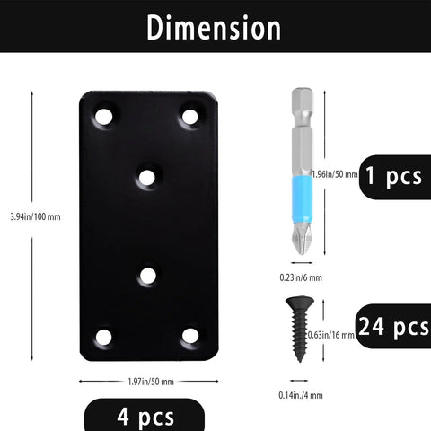 4 Pack Stainless Steel Mending Plates 3.94 Inch By 1.97 Inch With Holes Black Finish for Furniture Repairs