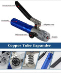 Hydraulic Copper Tube Expander Kit with Seven Interchangeable Heads, detailed view of handle, valve, and core for HVAC use.