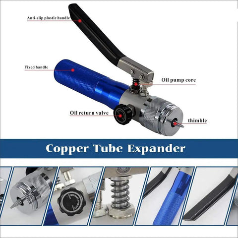 Hydraulic Copper Tube Expander Kit with Seven Interchangeable Heads, detailed view of handle, valve, and core for HVAC use.