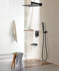 Shower Faucet Set, 12-Inch Rainfall Head, Handheld, Tub Spout, Matte Black with water flowing from rain head.