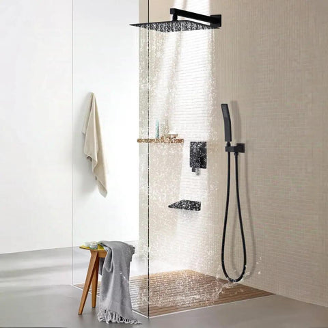 Shower Faucet Set, 12-Inch Rainfall Head, Handheld, Tub Spout, Matte Black with water flowing from rain head.