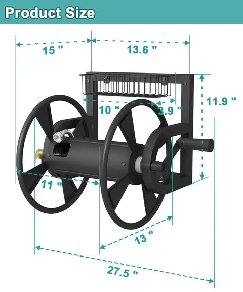 Wall Mounted Garden Hose Reel For Outdoor Use, Heavy Duty Hose Holder Winder With Leader Hose And Brass Connector, Black, dimensions diagram