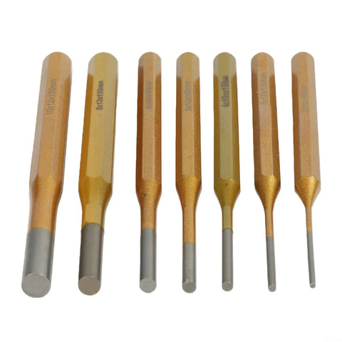 Heavy Duty 7 Piece Roll Pin Punch Set Featuring Tough Alloy Steel Construction With Chisel And Cone Tips For Precise Machinery Maintenance And Watch Repair Tasks Across All Sizes From 2 To 10mm, seven punch tools