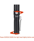 UltraBright USB C Rechargeable Handheld Flashlight With XHP35.2 LED High Lumen Output showing screw down instruction