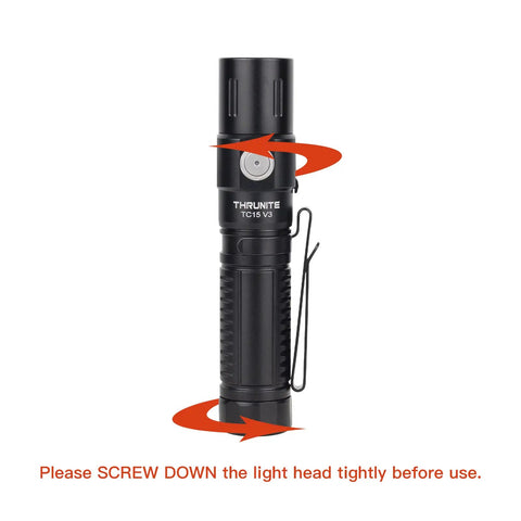 UltraBright USB C Rechargeable Handheld Flashlight With XHP35.2 LED High Lumen Output showing screw down instruction