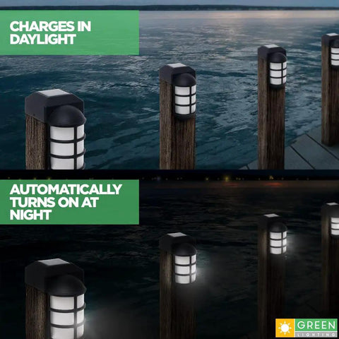 Bright Solar Post Cap Lights for 4x4 Wood Posts Outdoor Waterproof LED Nautical Style Black 8 Pack With Easy Install Side Mount L Shaped Design illuminating a dock at night.