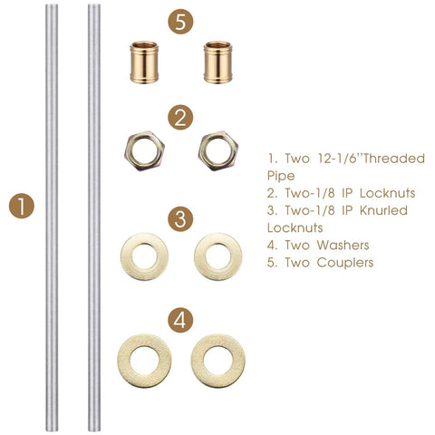 DIY Lamp Repair Hardware Kit With Zinc Plated 12 Inch All Thread Lamp Pipes One Eighth Inch Thread Washers And Nuts Two Piece Set For Rewiring And Restoring Lamps including pipes, couplers, locknuts, and washers displayed.