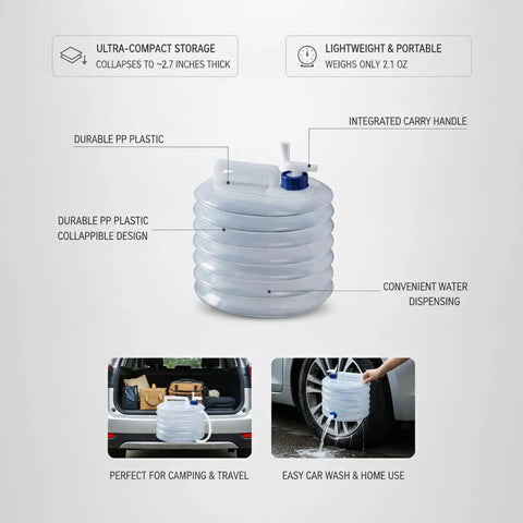Collapsible Bucket For Camping And Home Use, Folding Water Container with handy handle shown compact and in use for car wash