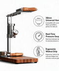 Portable Manual Espresso Maker With Adjustable Pressure Dial And 58 Mm Bottomless Portafilter Design showing walnut grip and pressure gauge.