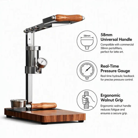 Portable Manual Espresso Maker With Adjustable Pressure Dial And 58 Mm Bottomless Portafilter Design showing walnut grip and pressure gauge.