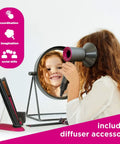 Child using Supersonic And Corrale Deluxe Styling Set Toy Straightener And Hair Dryer with mirror and diffuser accessory.