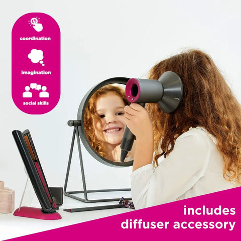 Child using Supersonic And Corrale Deluxe Styling Set Toy Straightener And Hair Dryer with mirror and diffuser accessory.