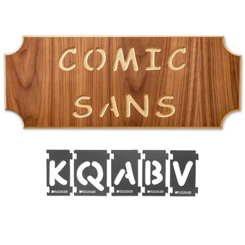 Interlocking Router Letter Templates For Custom Wooden Signs In Comic Sans Font 2-1/4 Inch Height with wooden sign and stencils.