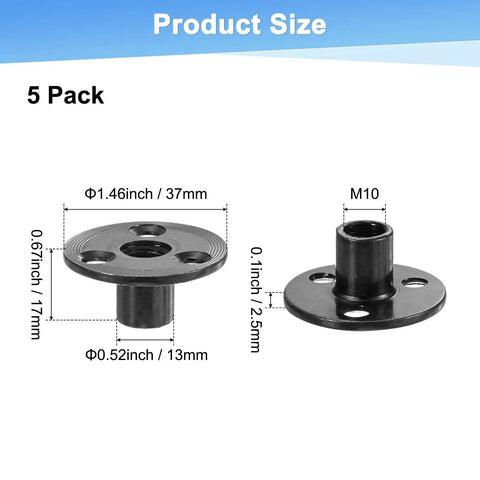Premium Heavy Duty M10x17mm T Nuts, 5 Pack Black Zinc Plated Carbon Steel Tee Nuts With Round Base, side view with measurements.