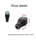 Rock Solid 10 Pack DC 12V Power Connectors 5.5mm X 2.1mm Female Terminal Block dimensions labeled for easy connection setup.