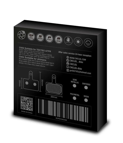 Packaging for Resin Bike Brake Pads For Shimano Deore B01S B03S B05S, showing size and compatibility details.