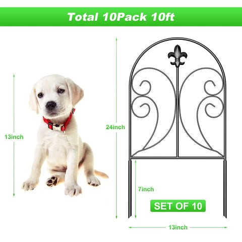 Arched Decorative Garden Fence Set, 10 Pack, 24 Inch High By 10 Foot Long Rustproof Metal Barrier with puppy for size reference.