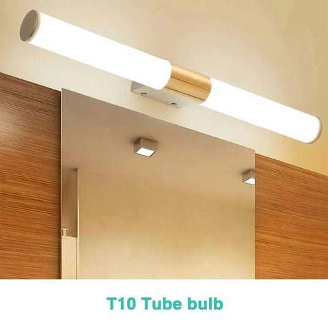 Dimmable 6W Tubular LED Bulbs 60W Equivalent, 2700K warm light, frosted finish T10 bulb mounted above mirror