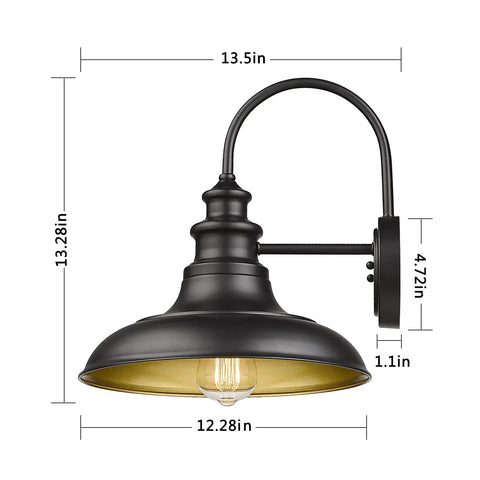 Outdoor Barn Light Fixtures 12.3 Inch Large Dome Farmhouse Wall Mount Sconces Exterior Lighting Lantern Lamps In Black With Dope Gold Interior