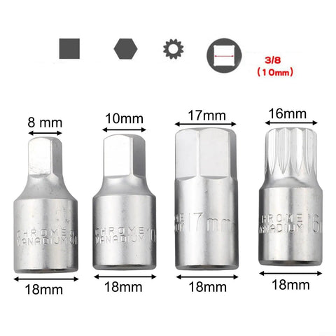 Four metal sockets from Three Eighths Inch Drive Gearbox Oil Drain Tool Set For M16 H17 S8 S10 Sump Drain Socket Wrench Kit