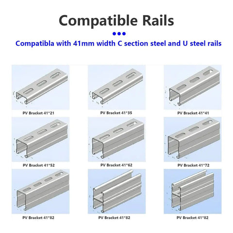 Compatible rails for No Sweat Solar Panel Grounding Lug With Bolt On Cable Clamp and Heavy Duty Nuts for C Channel Steel.