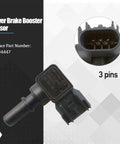 Power brake booster vacuum sensor with 3-pin connector, black plastic body, side/front view.