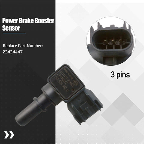 Power brake booster vacuum sensor with 3-pin connector, black plastic body, side/front view.