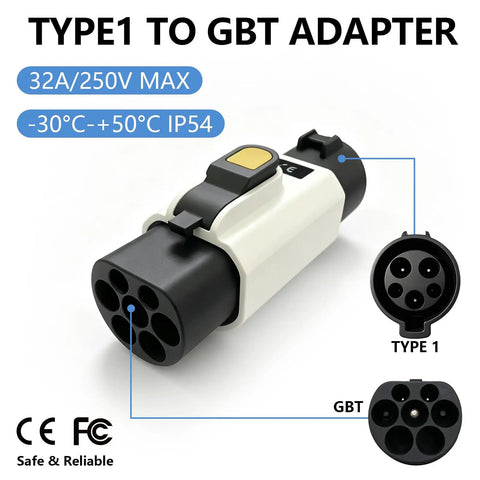 Type 1 to GBT EV Charging Adapter SAE J1772 to GBT Converter 32A with IP54 housing for stable charging.