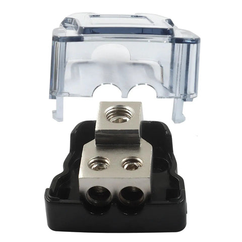 2 Way Car Audio Power Distribution Block With Dual Outputs From 0 2 4 Gauge In To 4 6 10 Gauge Out, Transparent Dust Cover, Built For Off Road Rigs, LED Light Bars, And Heavy Duty Vehicle Electrical Upgrades, zinc alloy block with clear cover