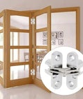 180 Degree Zinc Alloy Concealed Hinge for folding doors and hidden panels with screws installed on wooden frame