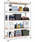 Built Tough 5 Tier Heavy Duty Metal Shelving Rack With Thick Mdf Boards Boltless Garage Storage Unit For Basement Or Pantry Handles 1929 Pounds No Sweat Assembly 30X12X59 White displaying various stored items.