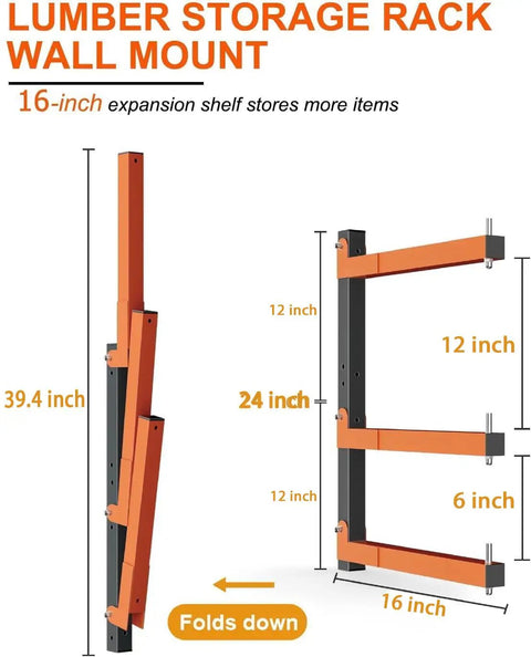Heavy Duty Wall Mounted Lumber Storage Rack With 6 Levels Up To 720 Lbs Capacity showcasing folding orange arms and dimensions