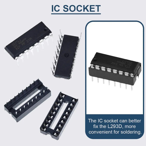 IC sockets and L293D Four Channel Motor Driver Module DIP16 for Arduino DIY projects, showing multiple angles of chips and sockets.