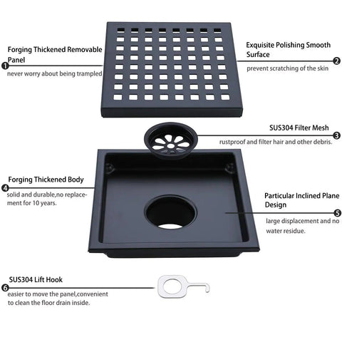 Refresh Your Shower Game With This Six Inch Square Floor Drain In Sleek Matte Black Featuring Burly 304 Stainless Steel Grid And Lightning Fast Two Inch High Flow Outlet Setup, showing removable panel and filter mesh.