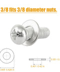 Angled front view of 3/8 in stainless steel flat washer with screw; 7/8 in outer diameter.
