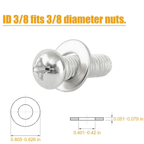 Angled front view of 3/8 in stainless steel flat washer with screw; 7/8 in outer diameter.