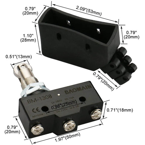 Micro Limit Switch TM 1308 Panel Mount Roller Plunger Actuator with dimensions and IP65 housing displayed.