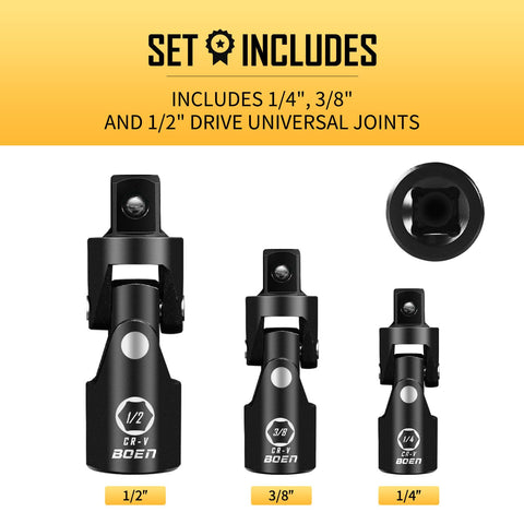 Universal Joint Socket Adapters Set, 3-Piece Ball-Spring Design, 1/2 Inch, 3/8 Inch, And 1/4 Inch U-Joint Drive, Chrome Vanadium Steel, Built Tough, Corrosion-Resistant, Perfect For Garage And Workshop