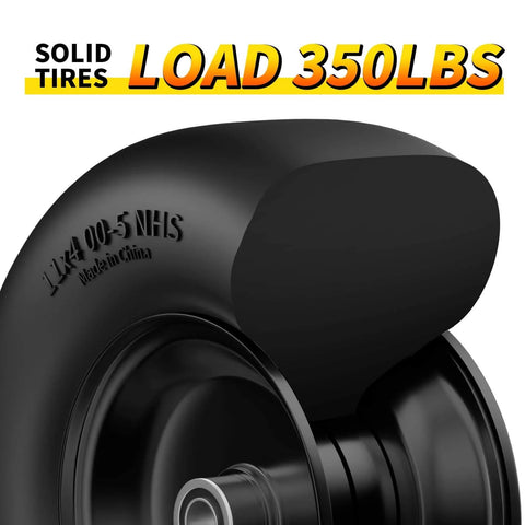 Close-up of a Flat Free 11x4.00-5 Front Lawn Mower Tire with Solid Polyurethane Core, 350 lb load capacity, black color.