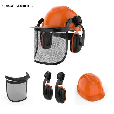 All In One Industrial Forestry Safety Helmet With Adjustable Mesh Face Shield And Ear Muffs For Chainsaw Use Eye And Hearing Protection Arborist Gear Pro Grade PPE For Outdoor Forestry Tasks Orange shown in parts