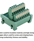 2 In 8 Out Terminal Block Module For DIN Rail And Panel Mount Power Distribution Breakout Board 25A Rating Great For PLCs Servo Drives Power Amplifiers Industrial Automation And Electrical Panels, green casing, side view