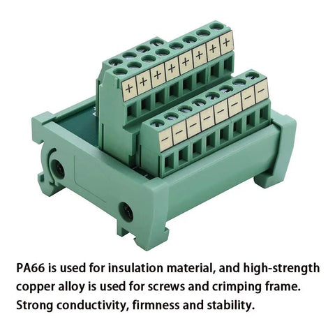 2 In 8 Out Terminal Block Module For DIN Rail And Panel Mount Power Distribution Breakout Board 25A Rating Great For PLCs Servo Drives Power Amplifiers Industrial Automation And Electrical Panels, green casing, side view