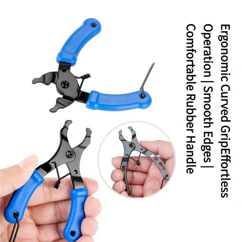 All-In-One Bike Chain Repair Kit For 6/7/8 Speed E-Bikes pliers with blue rubber handles in close-up view.