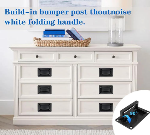 Recessed Pull Handle Set Black Zinc Alloy Flush Cabinet And Toolbox Handle 95mm by 60mm by 14mm installed on white dresser.