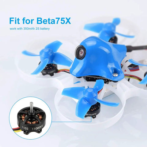 Beta75X drone with four 1103 11000KV brushless FPV motors for 2S RC drones, designed for high RPM power and crisp throttle.