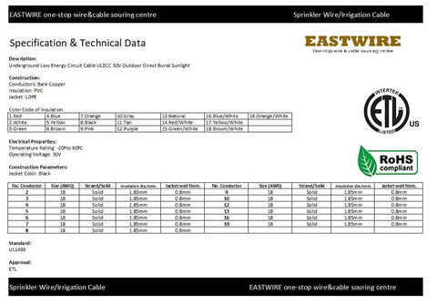 Technical data sheet for Go-To Underground Sprinkler Wire 18 Gauge 5-Conductor, 100 Ft, UV Resistant PE Jacket, 30V ETL Listed Copper Wire.