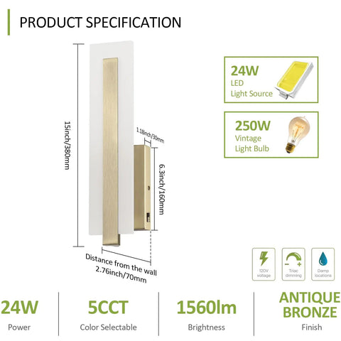 Tipace Hardwired Antique Bronze Modern LED Wall Sconce Indoor Wall Light specifications showing dimensions and features.