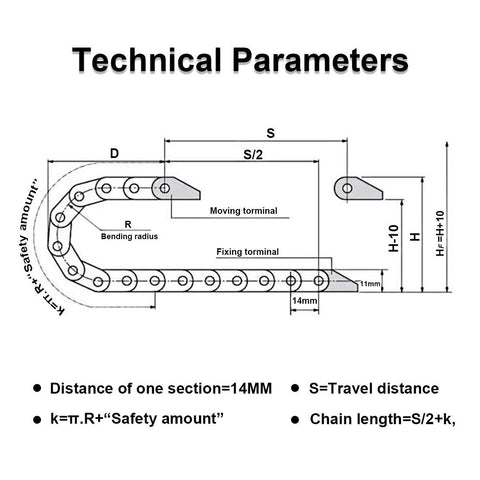 Technical parameters diagram for R18 7mm X 7mm Inner Size Black Plastic Cable Drag Chain Bridge Type With End Connectors 1 Meter Length.